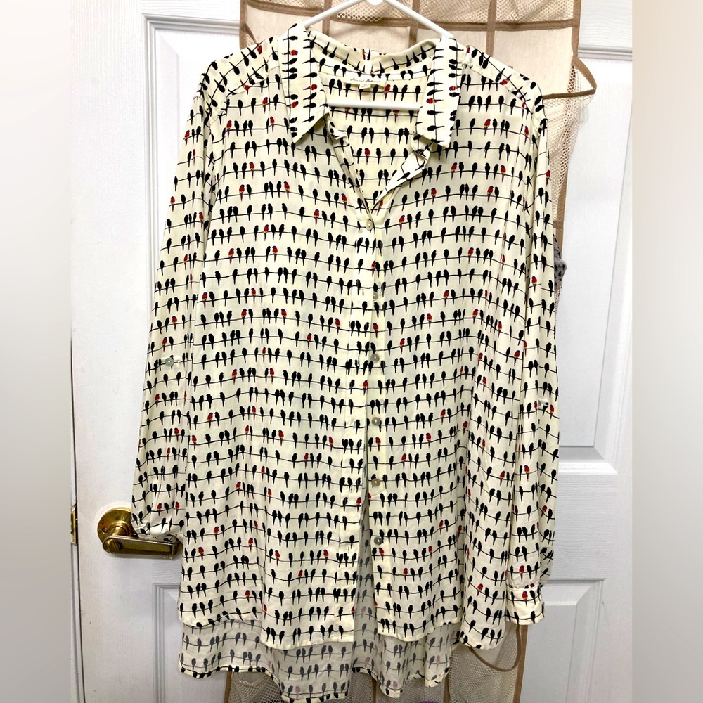 2X Bird Print Button Up Blouse